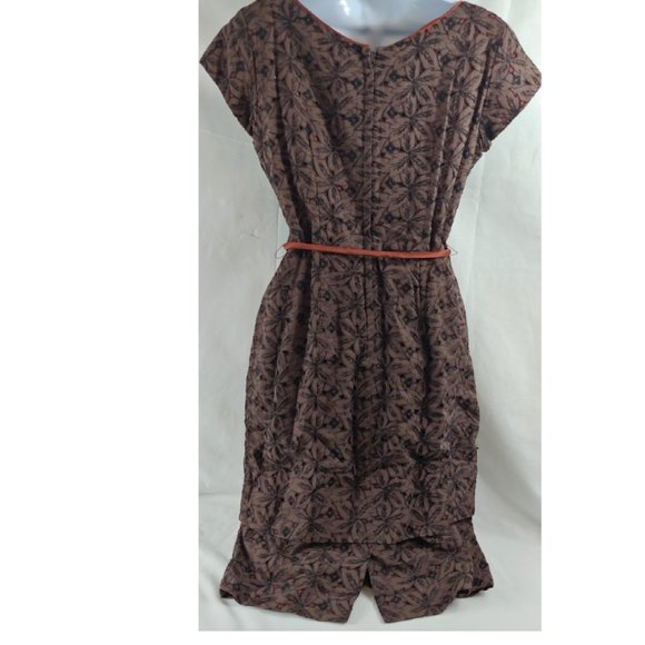 Vintage Brown and Black Floral Eyelet Dress Short Sleeve Lined with Satin Belt - Picture 10 of 15